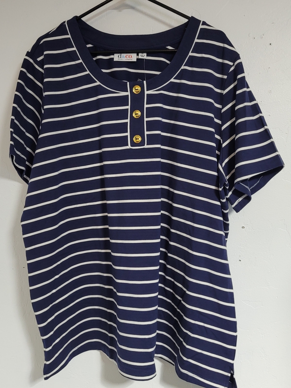 d&co Navy and White Striped Short Sleeve Tee with Gold Buttons